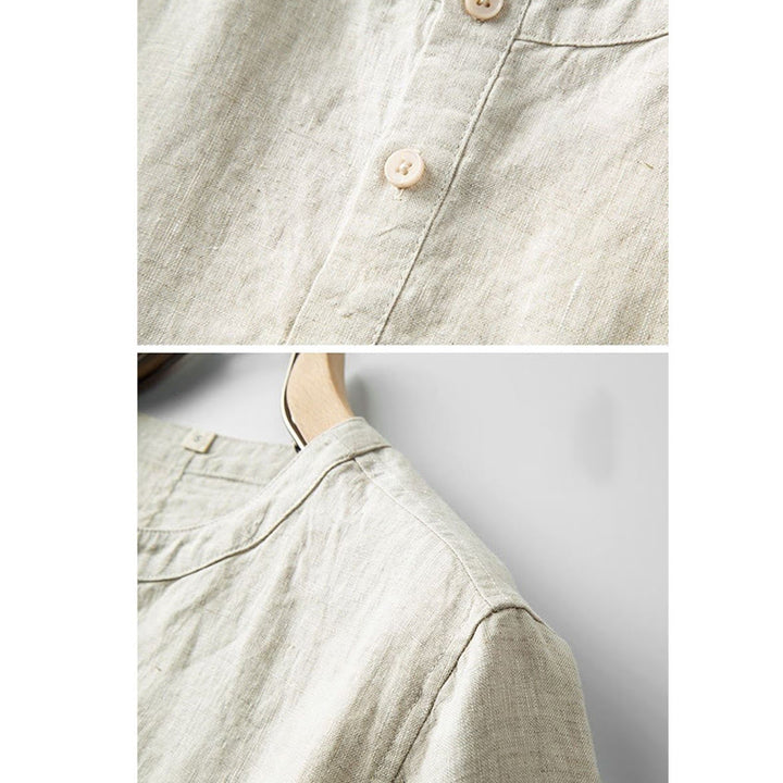 Buddha Stones Summer Men's Solid Color Button Short Sleeve Cotton Linen Shirt - image 3