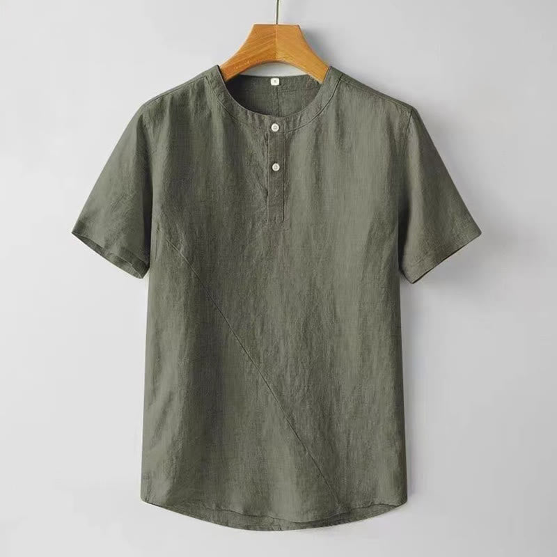 Buddha Stones Summer Men's Solid Color Button Short Sleeve Cotton Linen Shirt - DarkSeaGreen - US/UK/AU48，EU58 (4XL) - image 11
