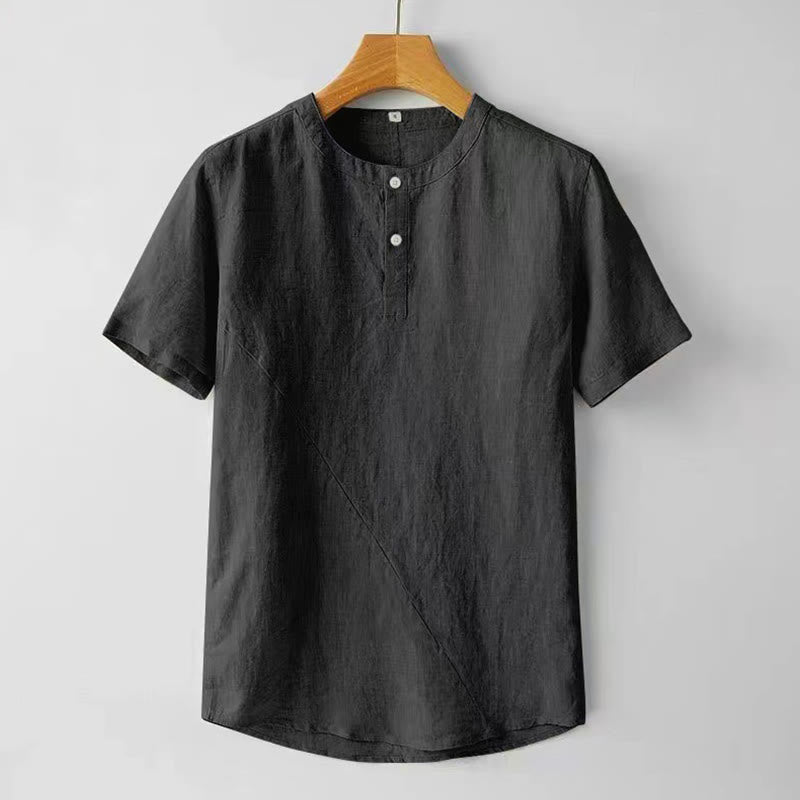 Buddha Stones Summer Men's Solid Color Button Short Sleeve Cotton Linen Shirt - Black - US/UK/AU48，EU58 (4XL) - image 8