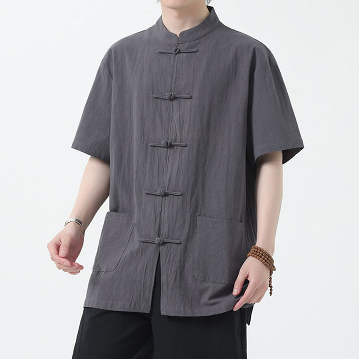 Buddha Stones Frog-Button Chinese Tang Suit Short Sleeve Shirt Linen Men Clothing With Pockets