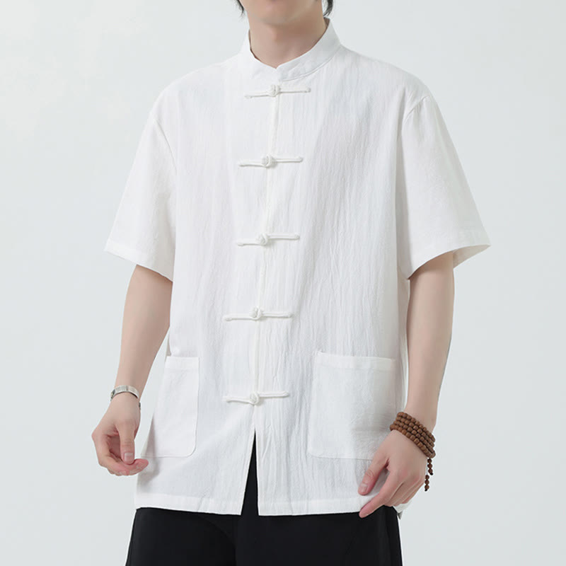 Buddha Stones Frog-Button Chinese Tang Suit Short Sleeve Shirt Linen Men Clothing With Pockets - White - US/UK/AU46，EU56 (5XL) - image 1