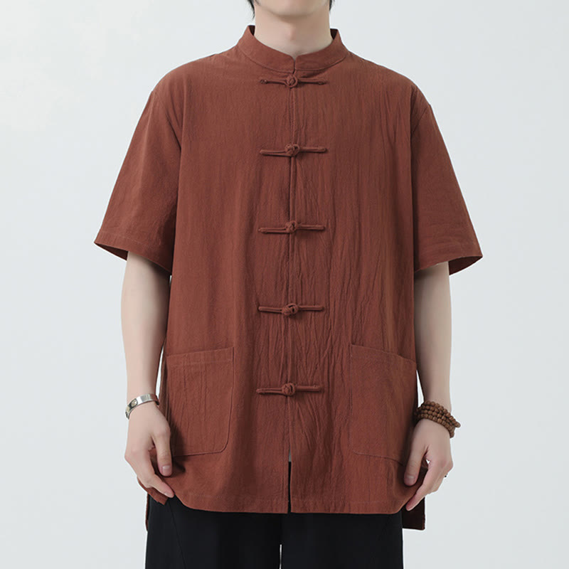Buddha Stones Frog-Button Chinese Tang Suit Short Sleeve Shirt Linen Men Clothing With Pockets - Peru - US/UK/AU46，EU56 (5XL) - image 11