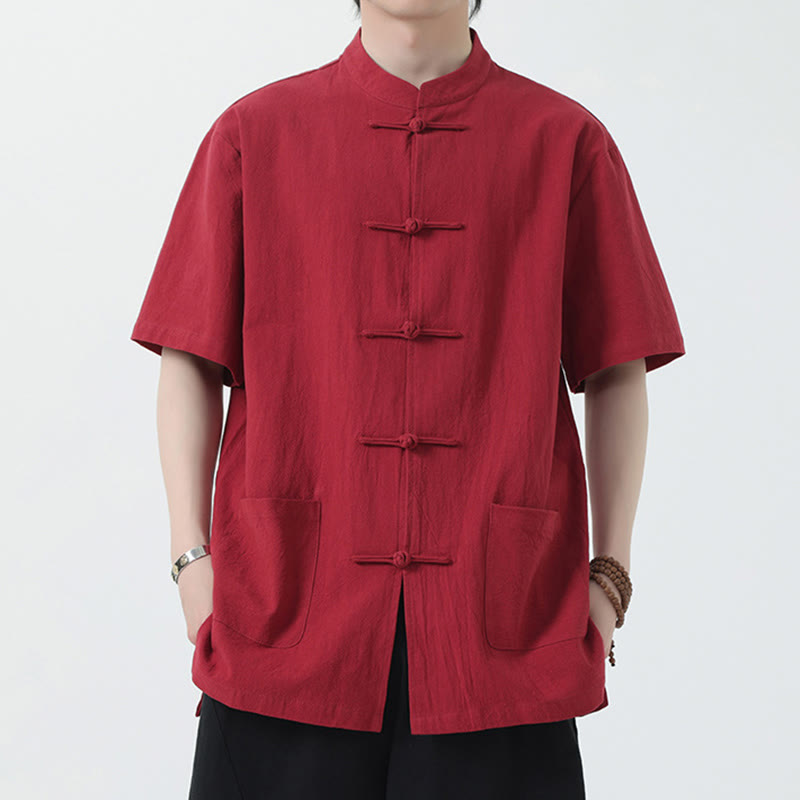 Buddha Stones Frog-Button Chinese Tang Suit Short Sleeve Shirt Linen Men Clothing With Pockets - Red - US/UK/AU46，EU56 (5XL) - image 1