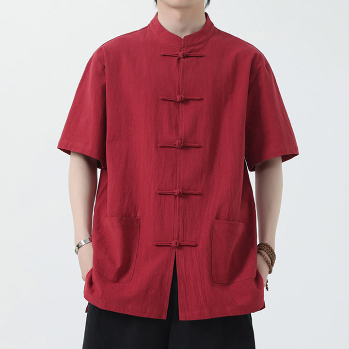 Buddha Stones Frog-Button Chinese Tang Suit Short Sleeve Shirt Linen Men Clothing With Pockets - Red - US/UK/AU46，EU56 (5XL) - image 1
