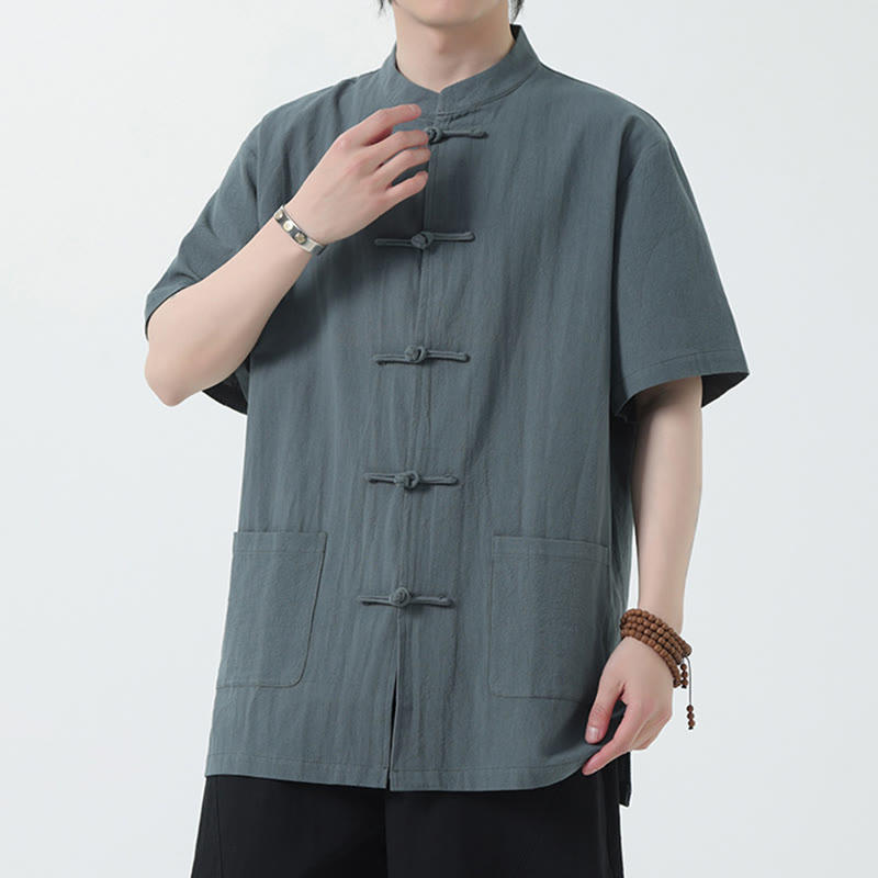 Buddha Stones Frog-Button Chinese Tang Suit Short Sleeve Shirt Linen Men Clothing With Pockets - LightSlateGray - US/UK/AU46，EU56 (5XL) - image 9