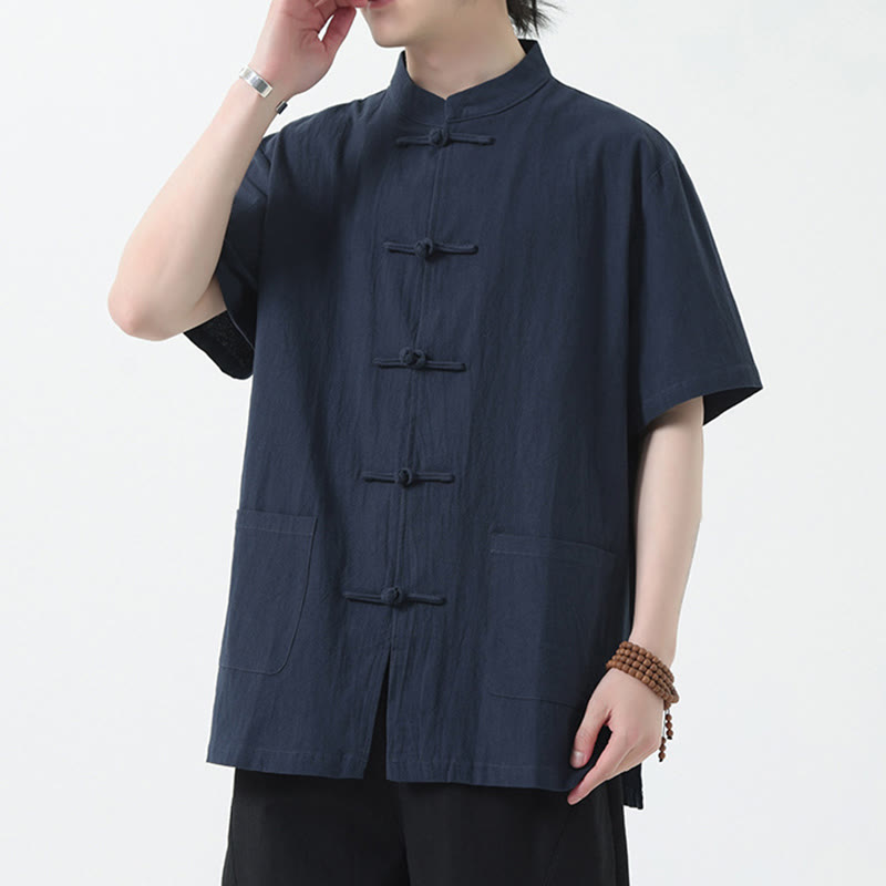 Buddha Stones Frog-Button Chinese Tang Suit Short Sleeve Shirt Linen Men Clothing With Pockets - SteelBlue - US/UK/AU46，EU56 (5XL) - image 12