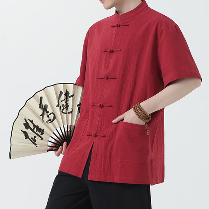 Buddha Stones Frog-Button Chinese Tang Suit Short Sleeve Shirt Linen Men Clothing With Pockets - image 3