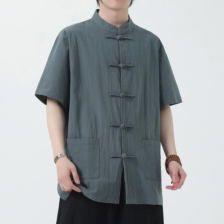 Buddha Stones Frog-Button Chinese Tang Suit Short Sleeve Shirt Linen Men Clothing With Pockets