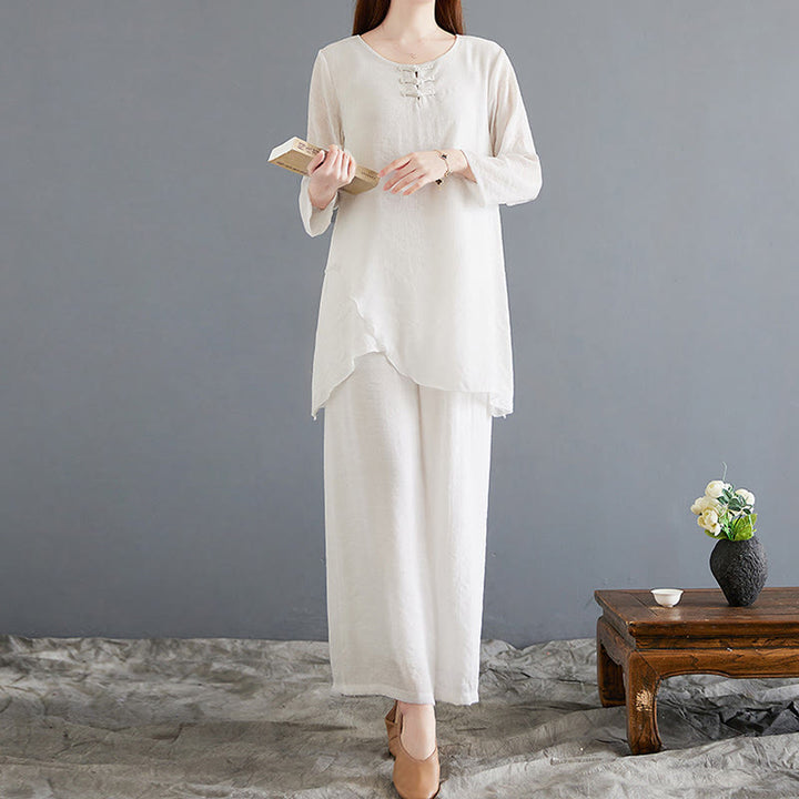 Buddha Stones 2Pcs Frog-Button Long Sleeve Shirt Wide Leg Pants Meditation Cotton Linen Clothing - image 1