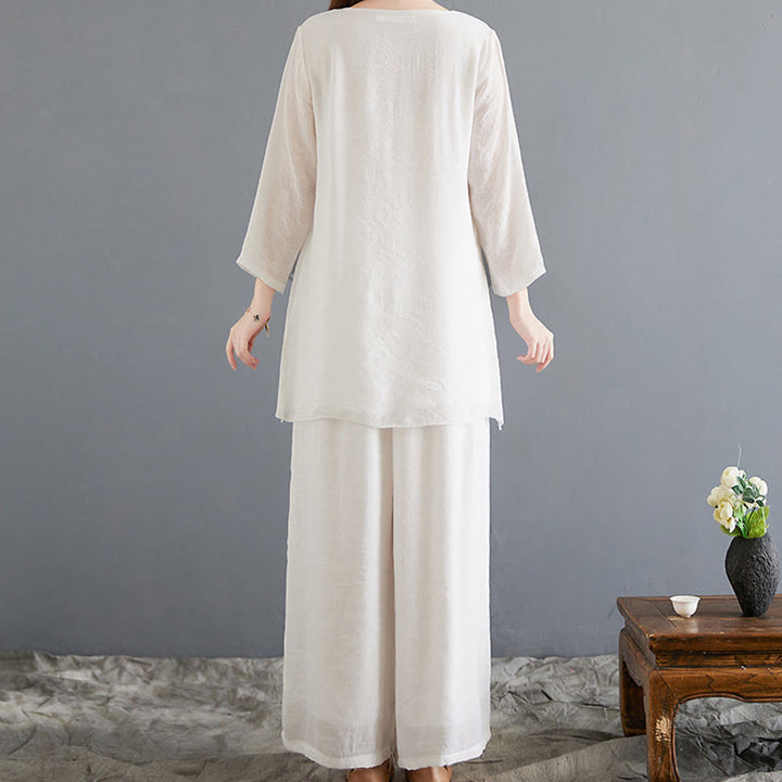 Buddha Stones 2Pcs Frog-Button Long Sleeve Shirt Wide Leg Pants Meditation Cotton Linen Clothing