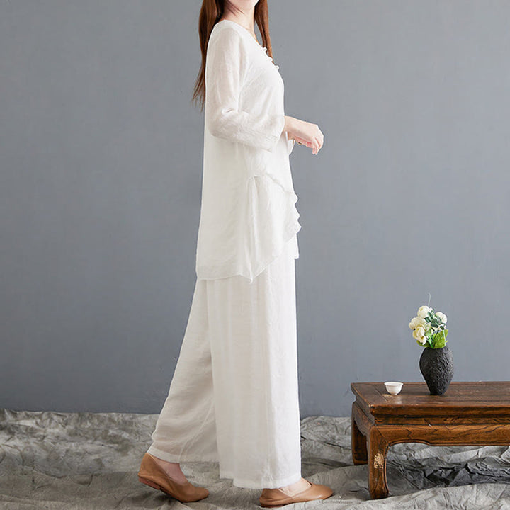 Buddha Stones 2Pcs Frog-Button Long Sleeve Shirt Wide Leg Pants Meditation Cotton Linen Clothing