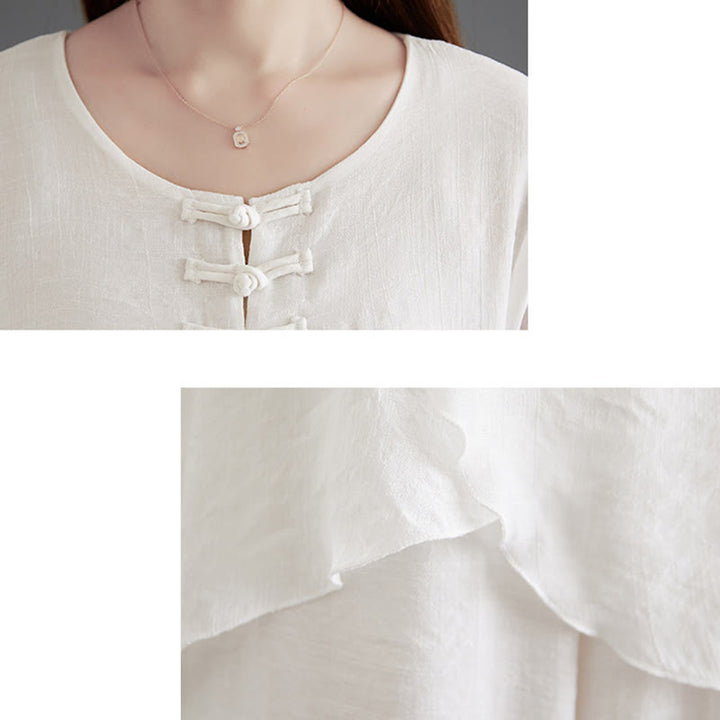 Buddha Stones 2Pcs Frog-Button Long Sleeve Shirt Wide Leg Pants Meditation Cotton Linen Clothing - image 8