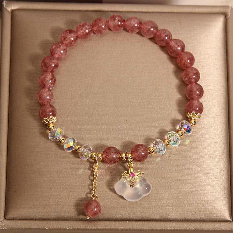 Buddha Stones Natural Strawberry Quartz Crystal White Agate Auspicious Cloud Healing Bracelet