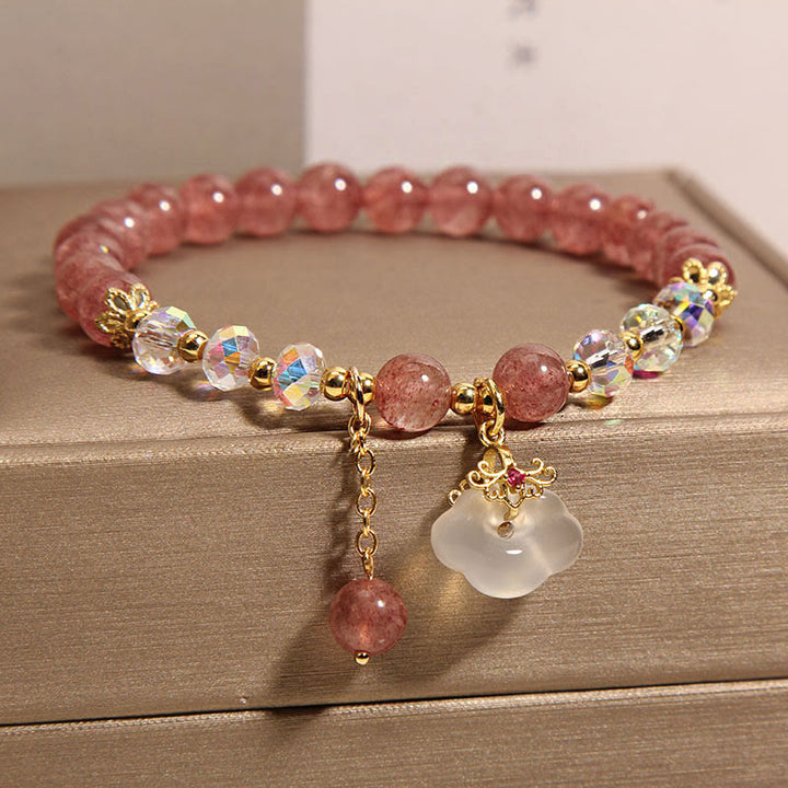 Buddha Stones Natural Strawberry Quartz Crystal White Agate Auspicious Cloud Healing Bracelet