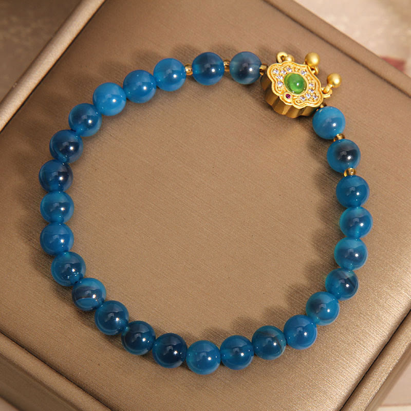 Buddha Stones Blue Candy Agate Chinese Lock Charm Healing Bracelet