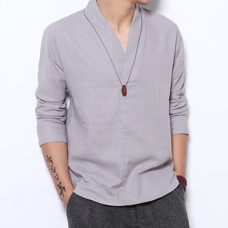 Buddha Stones Casual V-Neck Long Sleeve Shirt Linen Men Clothing - Gainsboro - US/UK/AU46，EU56 (5XL) - image 1