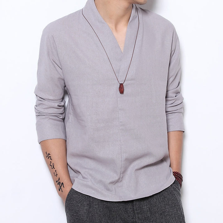 Buddha Stones Casual V-Neck Long Sleeve Shirt Linen Men Clothing - Gainsboro - US/UK/AU46，EU56 (5XL) - image 1