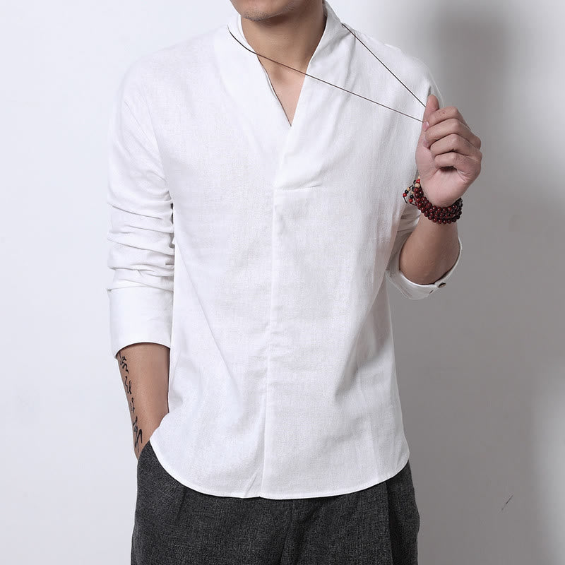 Buddha Stones Casual V-Neck Long Sleeve Shirt Linen Men Clothing - White - US/UK/AU46，EU56 (5XL) - image 3