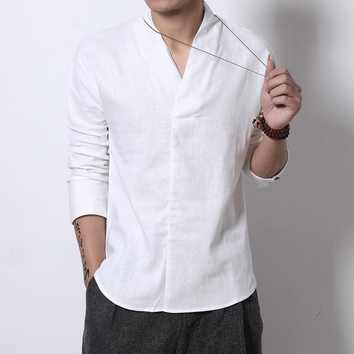 Buddha Stones Casual V-Neck Long Sleeve Shirt Linen Men Clothing - White - US/UK/AU46，EU56 (5XL) - image 3