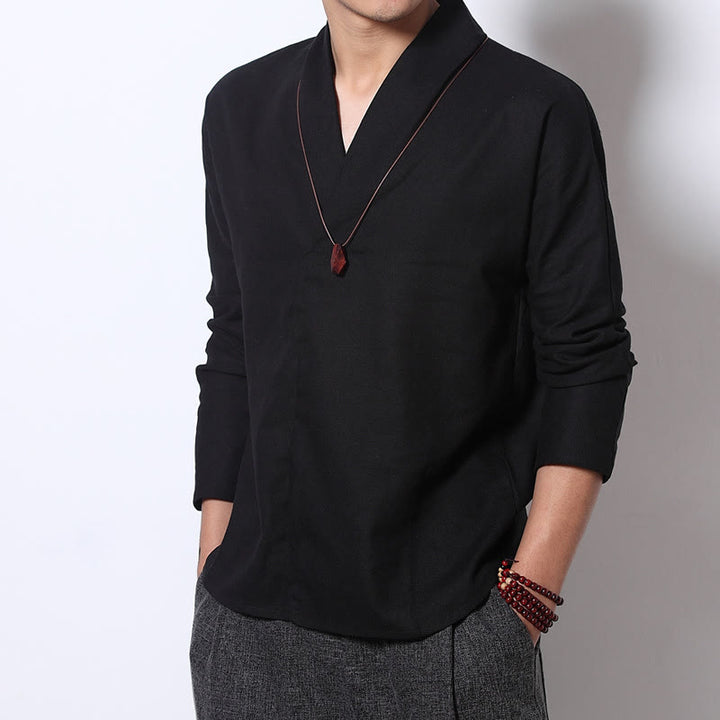 Buddha Stones Casual V-Neck Long Sleeve Shirt Linen Men Clothing - Black - US/UK/AU46，EU56 (5XL) - image 6