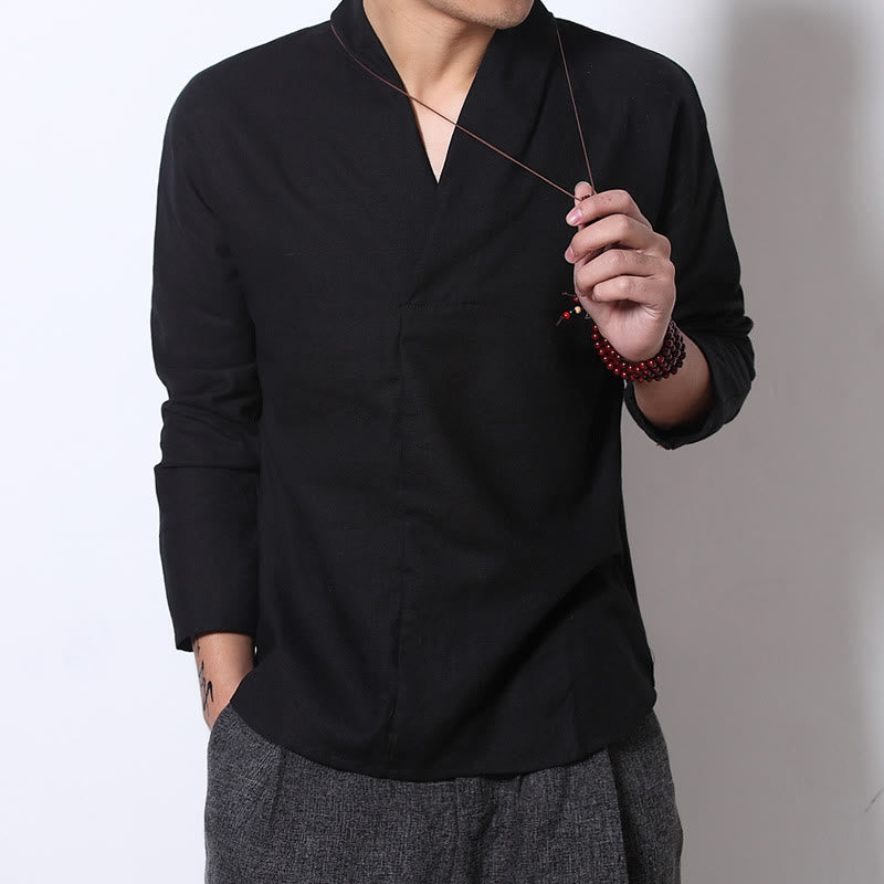 Buddha Stones Casual V-Neck Long Sleeve Shirt Linen Men Clothing - image 7
