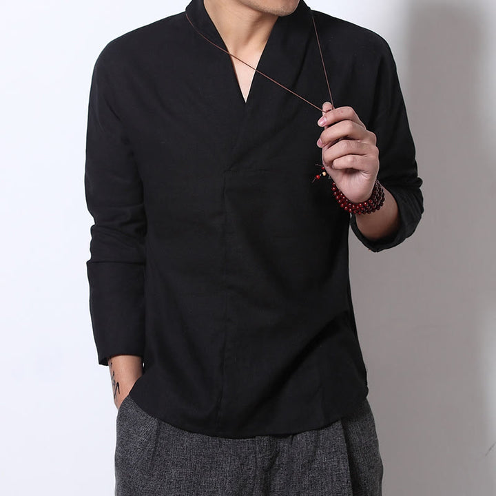Buddha Stones Casual V-Neck Long Sleeve Shirt Linen Men Clothing - image 7