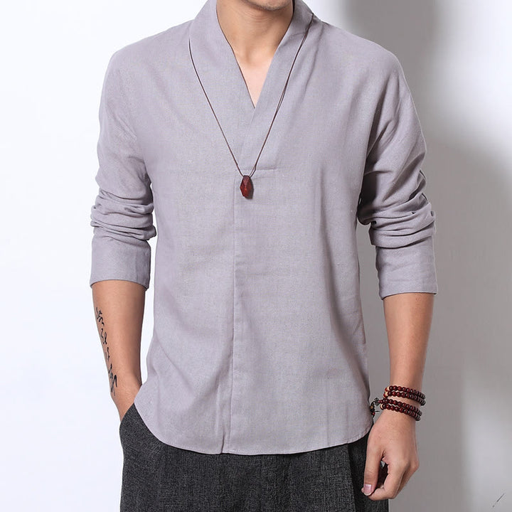 Buddha Stones Casual V-Neck Long Sleeve Shirt Linen Men Clothing