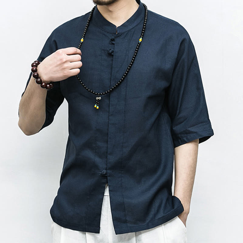 Buddha Stones Chinese Frog-Button Tang Suit Zen Half Sleeve Shirt Linen Men Clothing - image 2