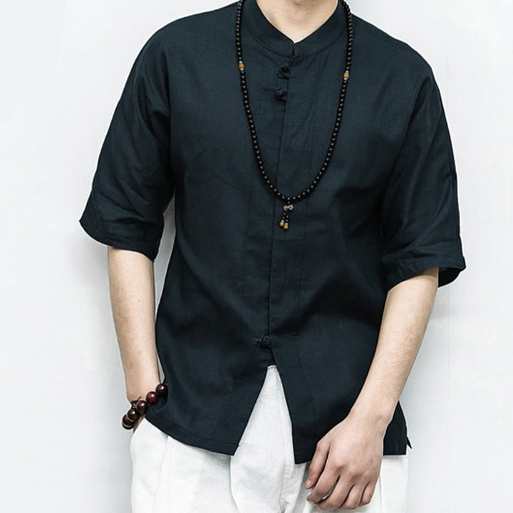 Buddha Stones Chinese Frog-Button Tang Suit Zen Half Sleeve Shirt Linen Men Clothing - image 13