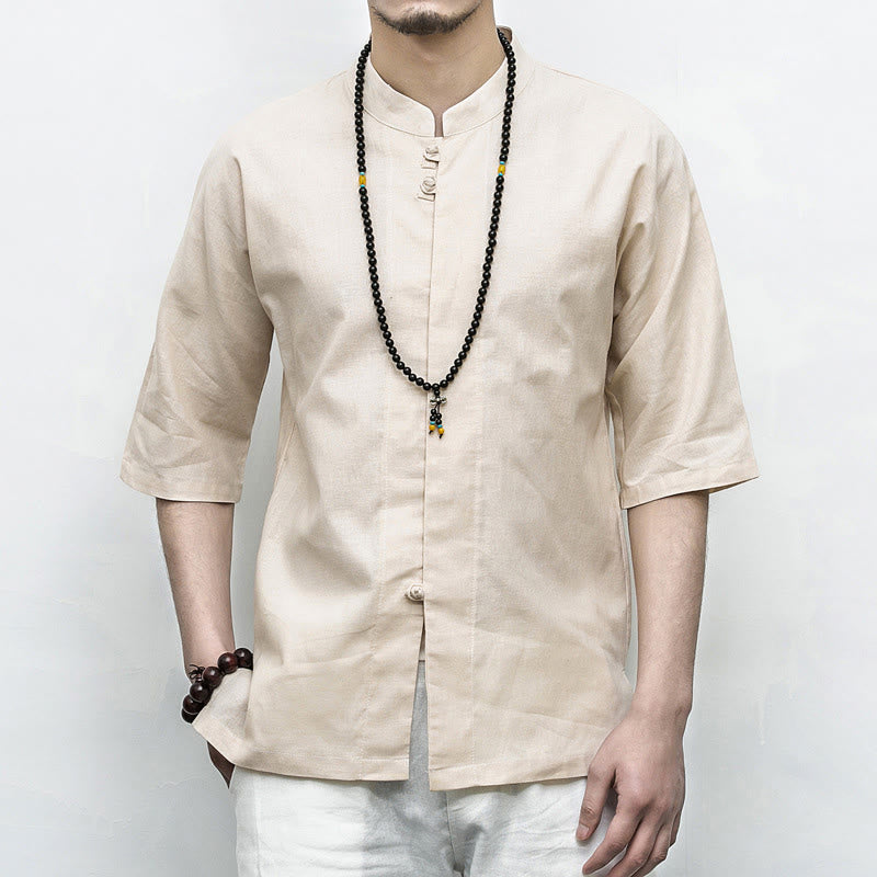 Buddha Stones Chinese Frog-Button Tang Suit Zen Half Sleeve Shirt Linen Men Clothing - Linen - US/UK/AU46，EU56 (5XL)  - image 17