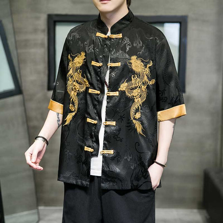 Buddha Stones Frog-Button Chinese Dragon Embroidery Half Sleeve Shirt Linen Men Clothing