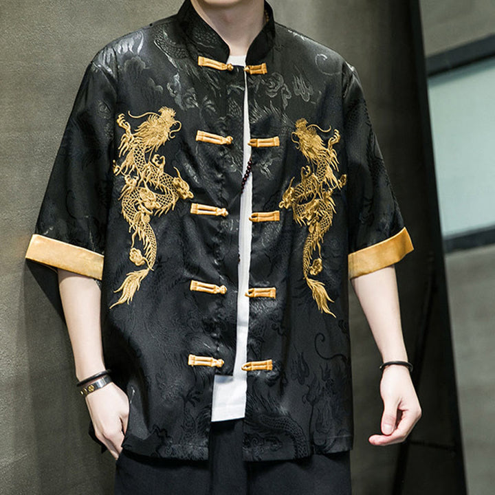 Buddha Stones Frog-Button Chinese Dragon Embroidery Half Sleeve Shirt Linen Men Clothing