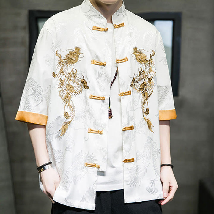 Buddha Stones Frog-Button Chinese Dragon Embroidery Half Sleeve Shirt Linen Men Clothing