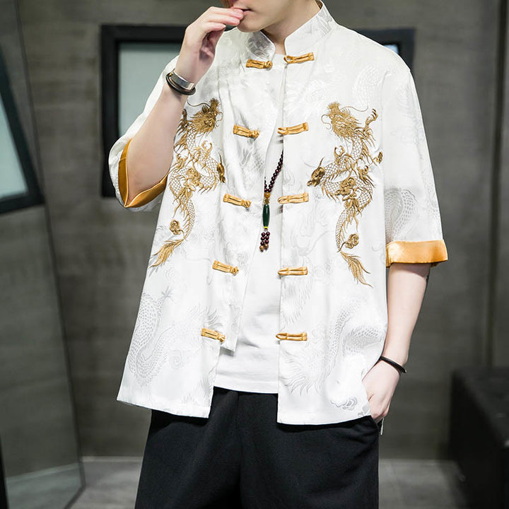 Buddha Stones Frog-Button Chinese Dragon Embroidery Half Sleeve Shirt Linen Men Clothing