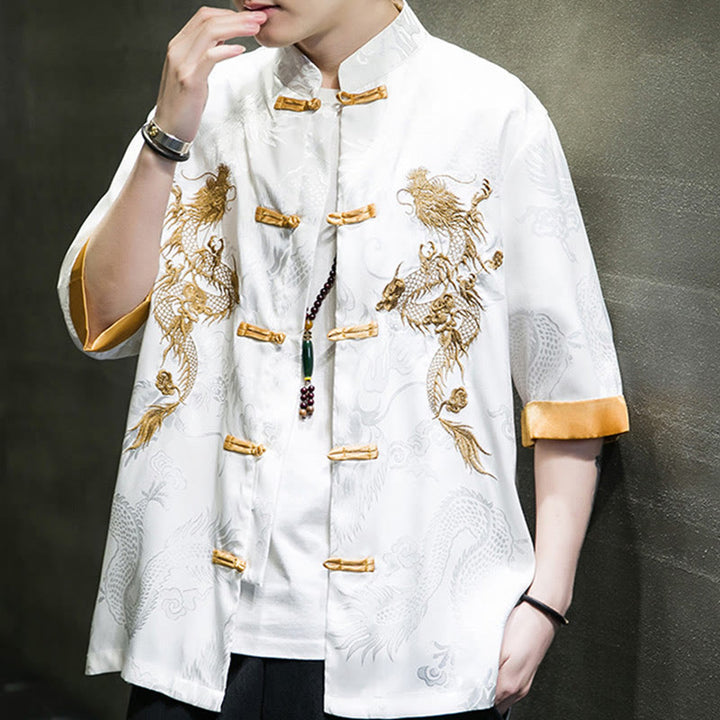 Buddha Stones Frog-Button Chinese Dragon Embroidery Half Sleeve Shirt Linen Men Clothing