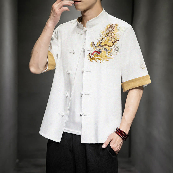 Buddha Stones Frog-Button Chinese Dragon Auspicious Cloud Embroidery Half Sleeve Shirt Cotton Linen Men Clothing - image 25