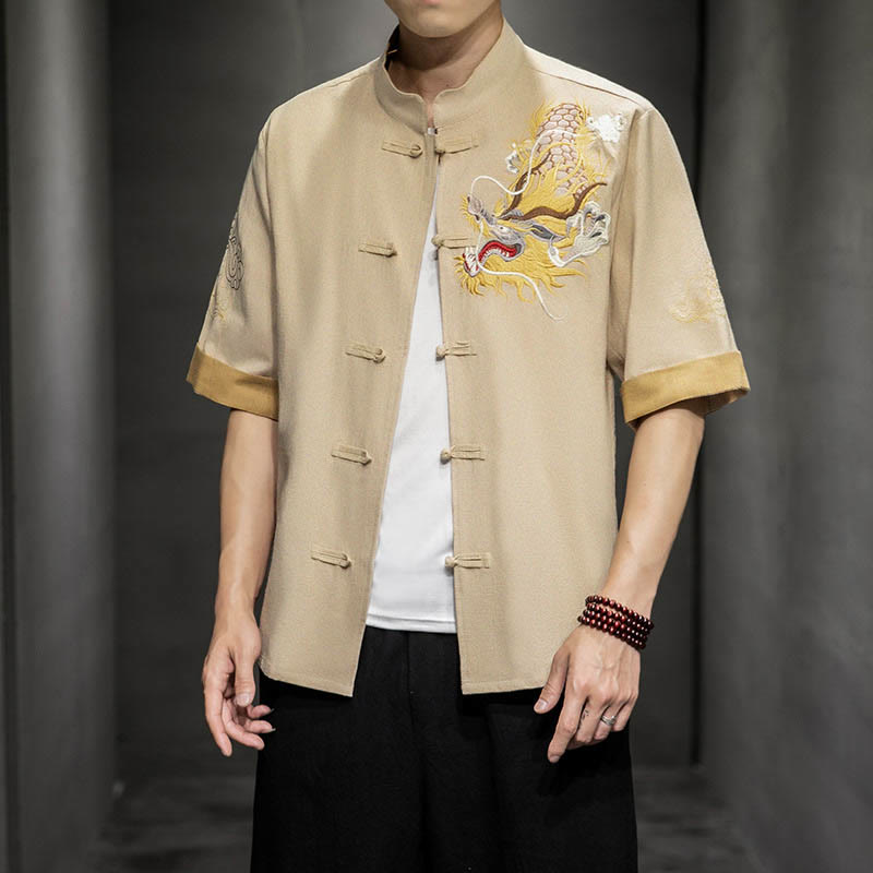 Buddha Stones Frog-Button Chinese Dragon Auspicious Cloud Embroidery Half Sleeve Shirt Cotton Linen Men Clothing - image 27