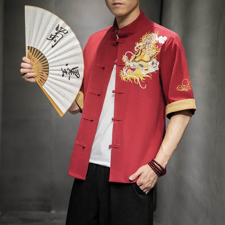Buddha Stones Frog-Button Chinese Dragon Auspicious Cloud Embroidery Half Sleeve Shirt Cotton Linen Men Clothing - image 14