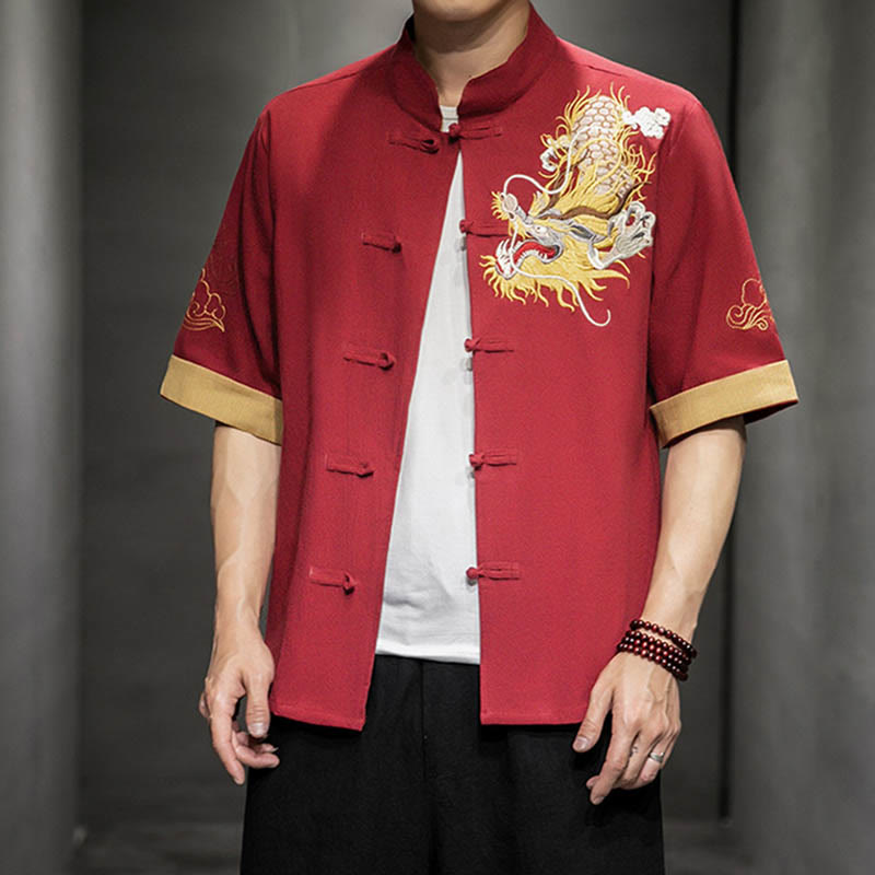 Buddha Stones Frog-Button Chinese Dragon Auspicious Cloud Embroidery Half Sleeve Shirt Cotton Linen Men Clothing - image 17