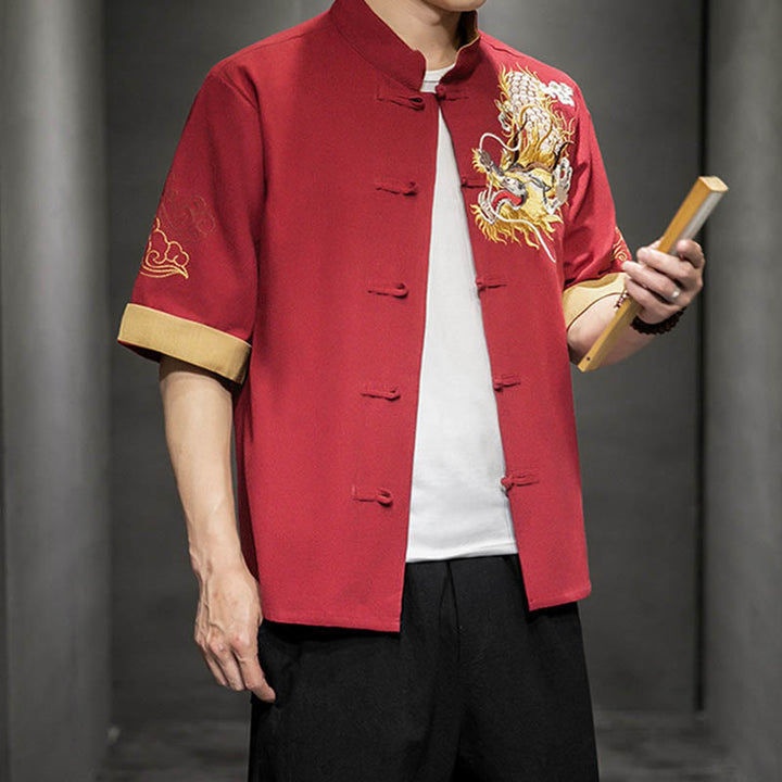 Buddha Stones Frog-Button Chinese Dragon Auspicious Cloud Embroidery Half Sleeve Shirt Cotton Linen Men Clothing - image 15