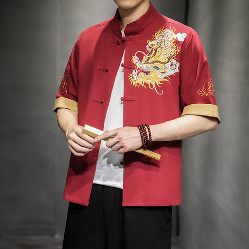 Buddha Stones Frog-Button Chinese Dragon Auspicious Cloud Embroidery Half Sleeve Shirt Cotton Linen Men Clothing - image 19