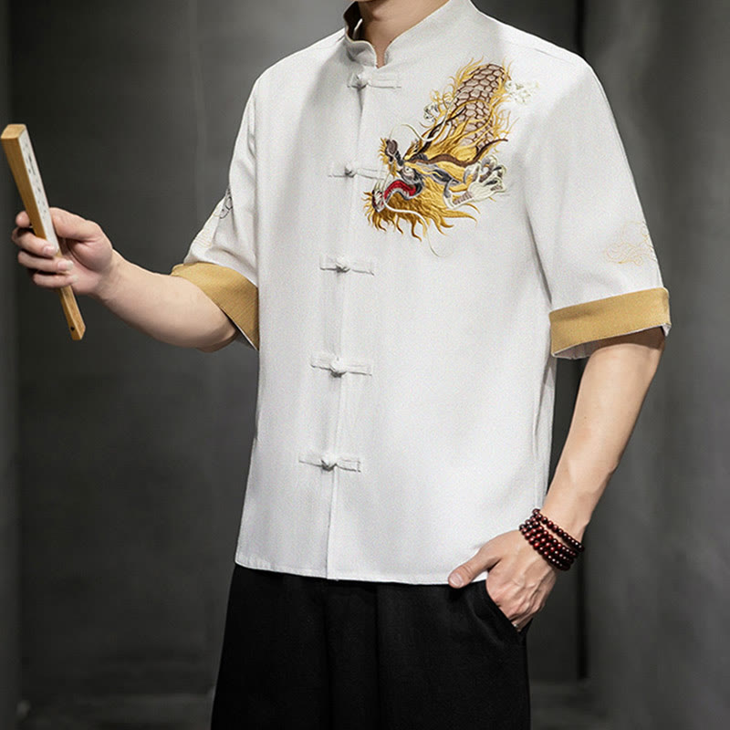 Buddha Stones Frog-Button Chinese Dragon Auspicious Cloud Embroidery Half Sleeve Shirt Cotton Linen Men Clothing - image 25