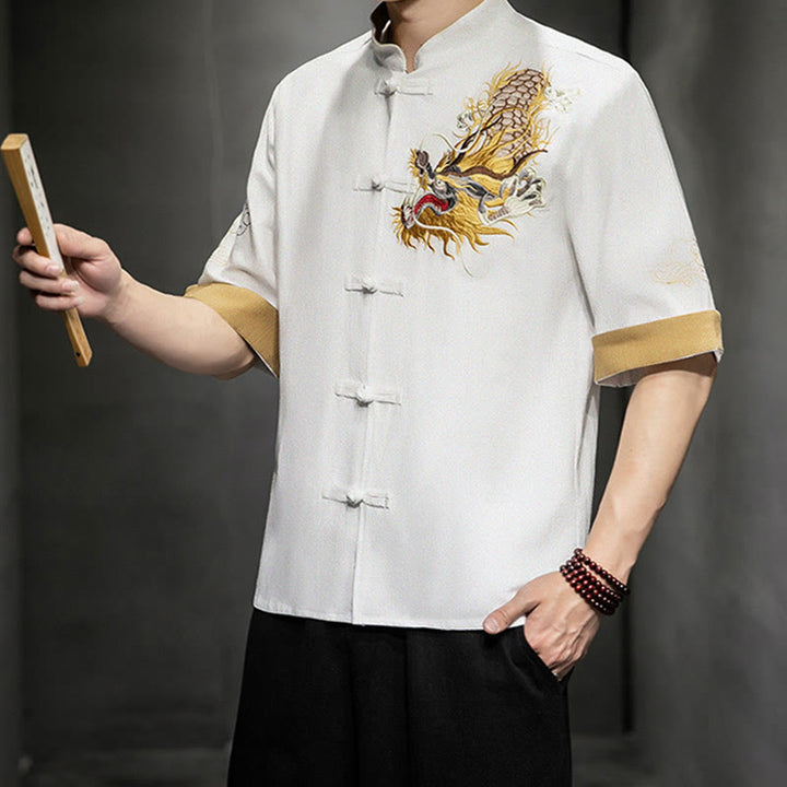 Buddha Stones Frog-Button Chinese Dragon Auspicious Cloud Embroidery Half Sleeve Shirt Cotton Linen Men Clothing - image 25