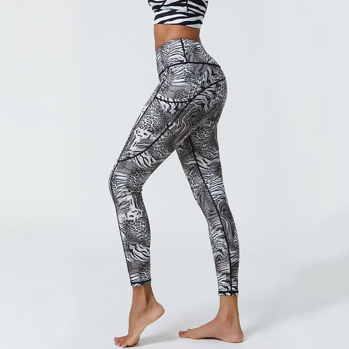 Buddha Stones Rose Lines Tiger Leopard Print Sports Fitness High Waist Leggings Women's Yoga Pants With Pockets