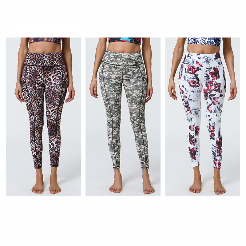 Buddha Stones Rose Lines Tiger Leopard Print Sports Fitness High Waist Leggings Women's Yoga Pants With Pockets