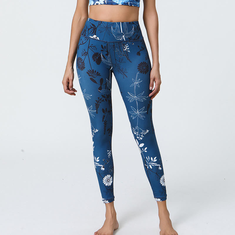 Buddha Stones Flowers Leaves Dandelions Pineapples Print Sports Fitness High Waist Leggings Women's Yoga Pants - Dark Blue Dandelions - US12，UK/AU16，EU44 (XL) - image 13