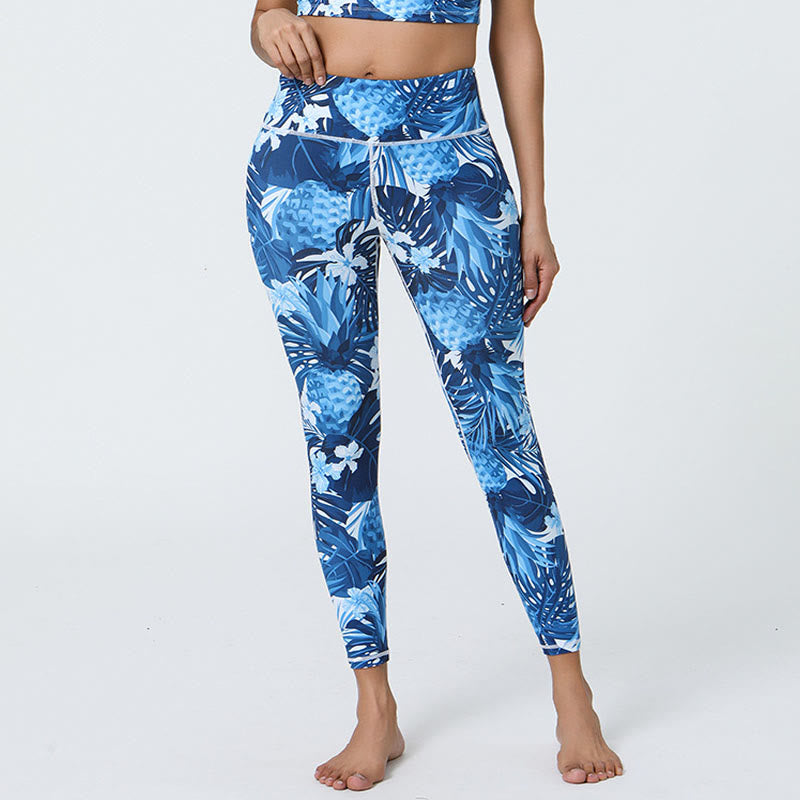 Buddha Stones Flowers Leaves Dandelions Pineapples Print Sports Fitness High Waist Leggings Women's Yoga Pants - Dark Blue Pineapples - US12，UK/AU16，EU44 (XL) - image 18