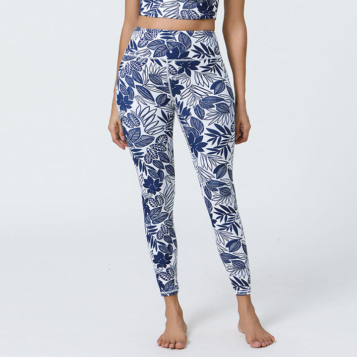 Buddha Stones Flowers Leaves Dandelions Pineapples Print Sports Fitness High Waist Leggings Women's Yoga Pants - White Blue Leaves - US12，UK/AU16，EU44 (XL) - image 23