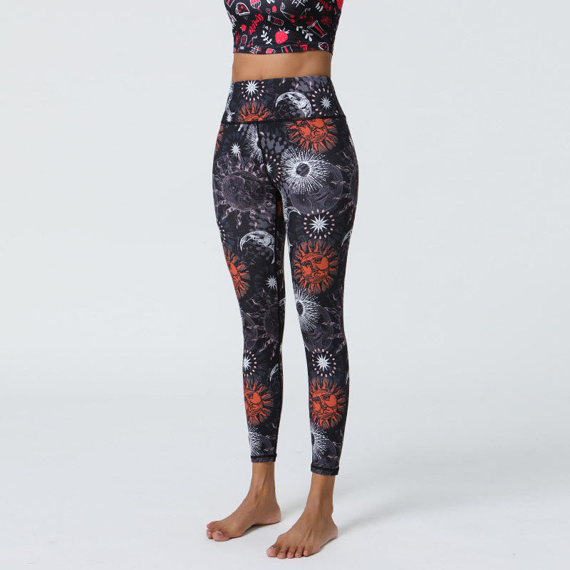 Buddha Stones Flowers Feathers Sun Moon Print Sports Fitness Yoga High Waist Leggings Women's Pants - Black Red Sun White Moon - US12，UK/AU16，EU44 (XL) - image 6