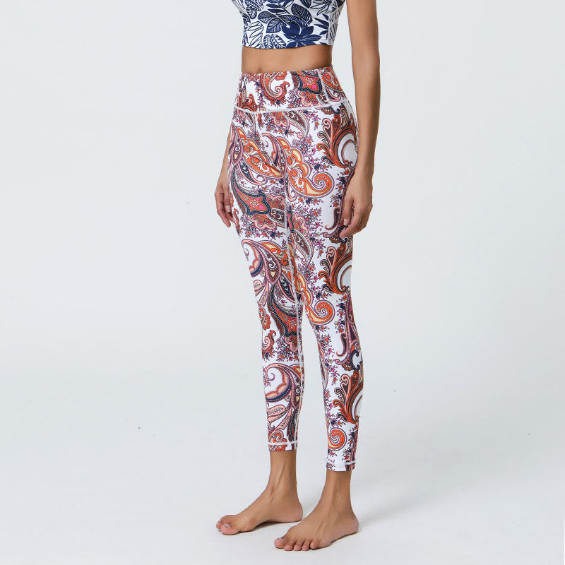 Buddha Stones Flowers Feathers Sun Moon Print Sports Fitness Yoga High Waist Leggings Women's Pants - White Red Pattern - US12，UK/AU16，EU44 (XL) - image 16